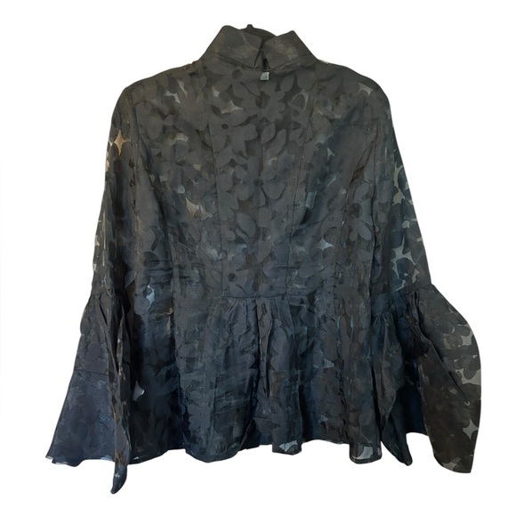 Garcia Women's Black Sheer Floral Blouse Bell Sleeves Peplum Ruffle Collar Large - Picture 2 of 6